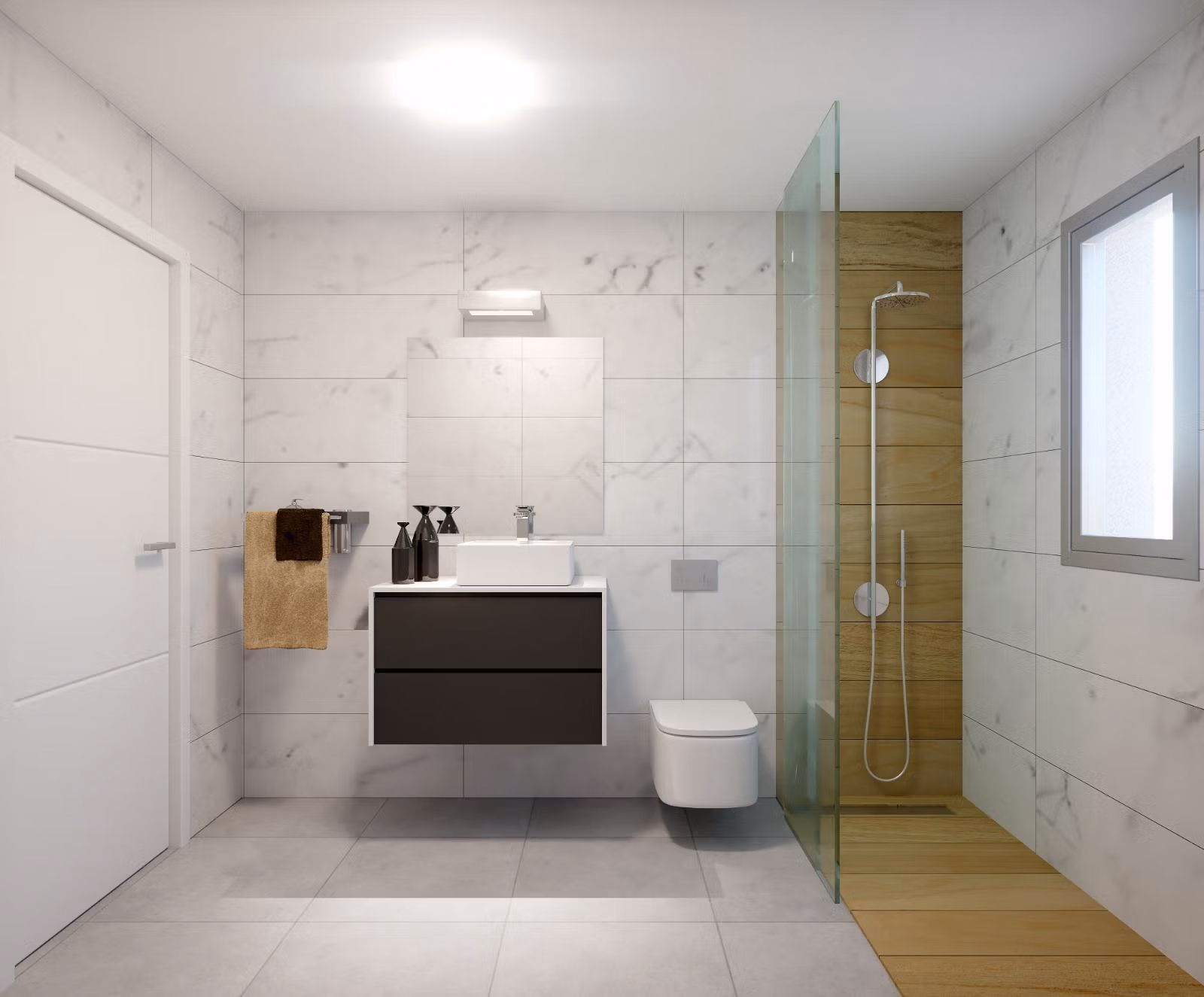 Bright modern bathroom with sleek floating vanity, glass-enclosed shower, and elegant marble tiles in Orihuela Costa townhouse.