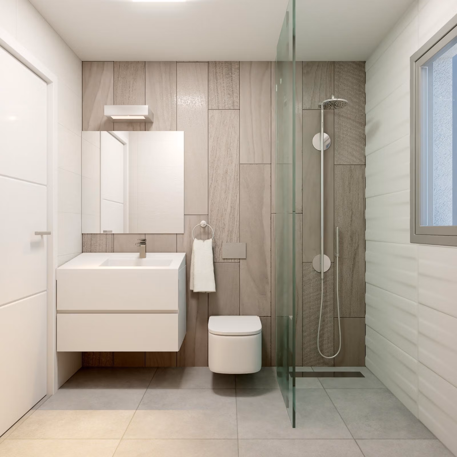 Bright modern bathroom with sleek fixtures and glass shower in a new 2-bedroom townhouse in Orihuela Costa near the beach