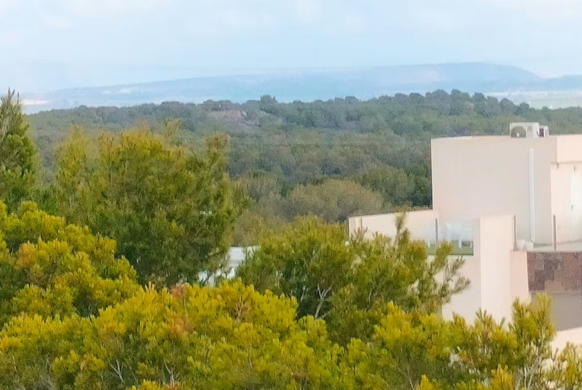 Modern 2-bedroom townhouse in Orihuela Costa with sleek white exterior surrounded by lush greenery and distant sea views.