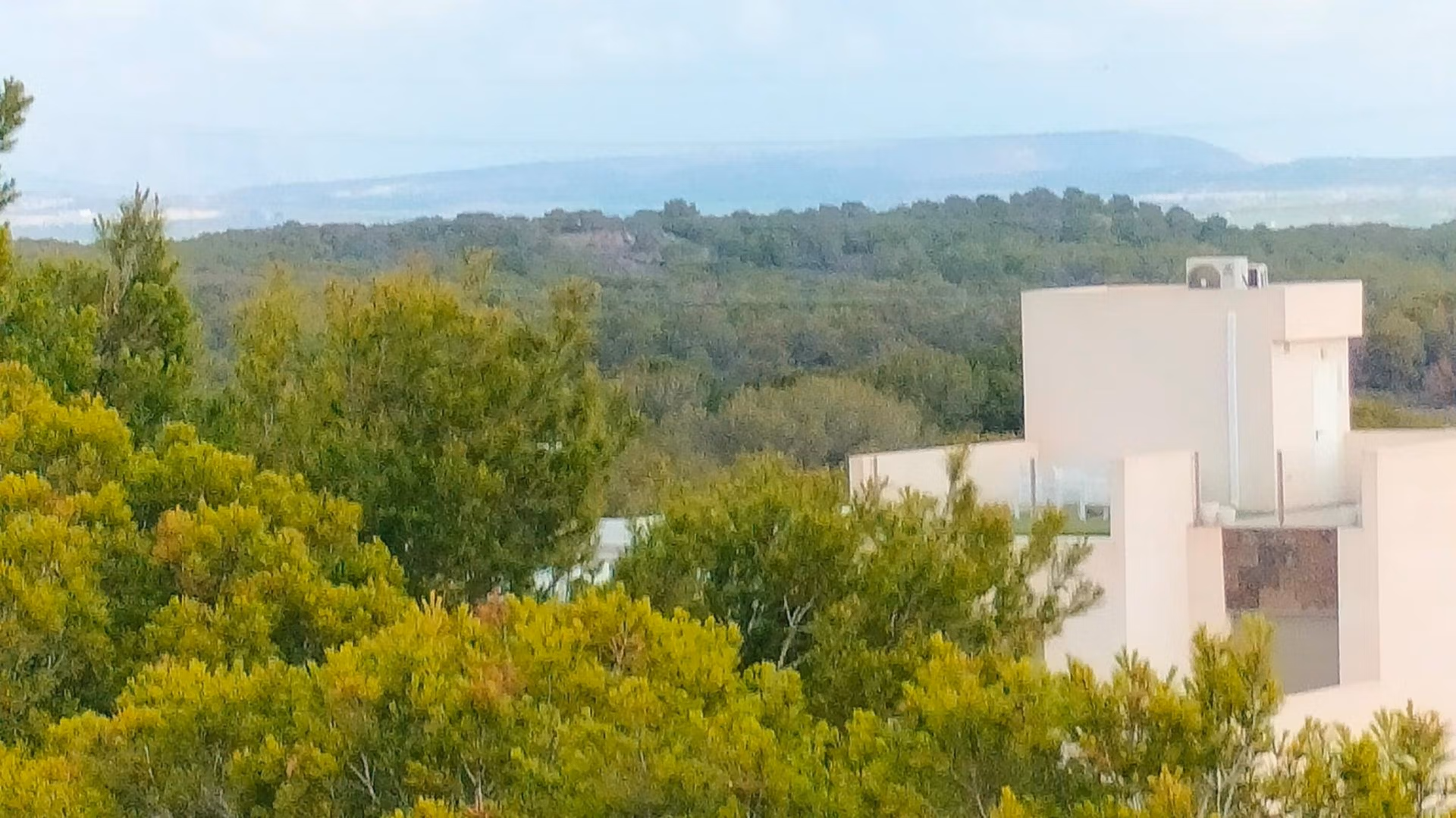 Modern 2-bedroom townhouse in Orihuela Costa with sleek white exterior surrounded by lush greenery and distant sea views.
