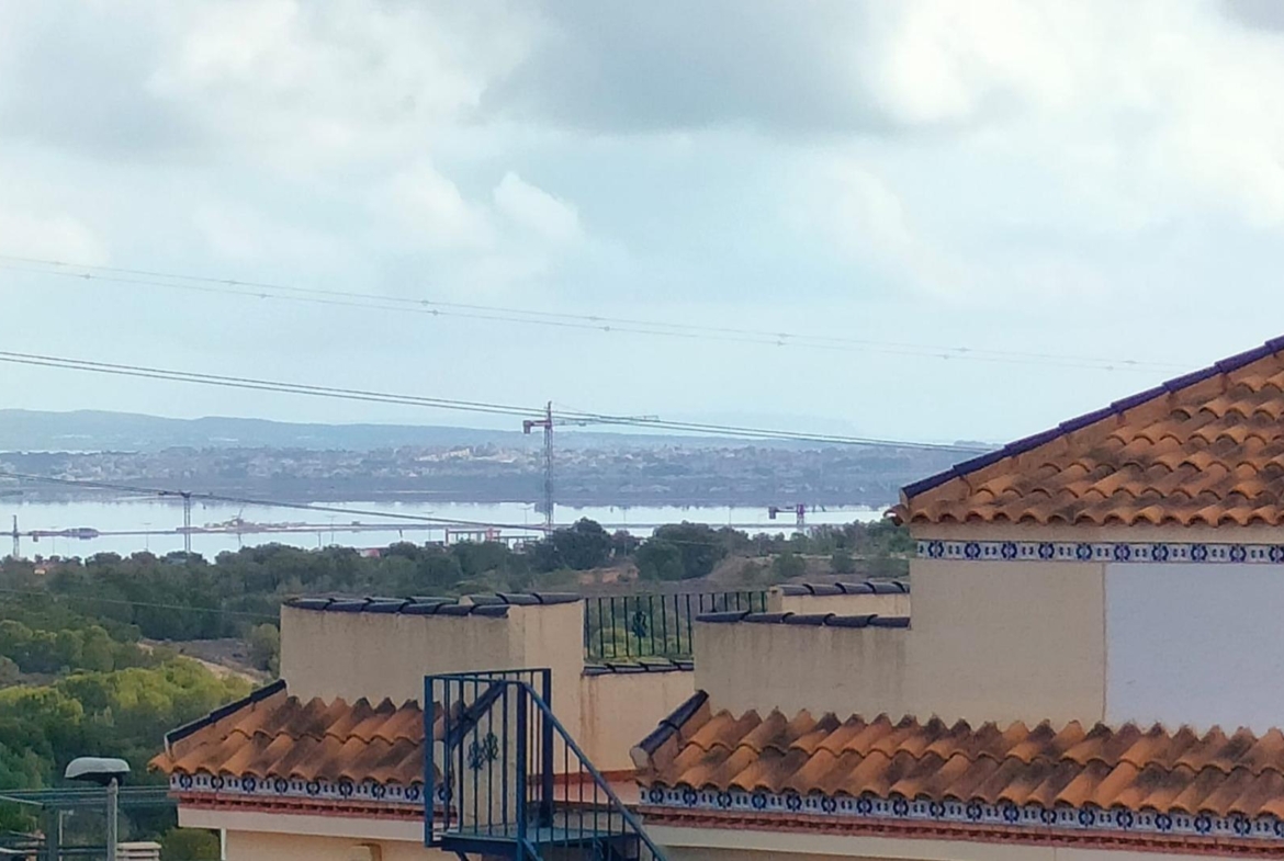 Terracotta-tiled rooftops of a new build 3-bedroom property in Orihuela Costa with lush greenery and distant sea views near the beach.