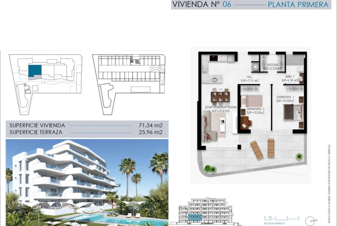 Modern 2-bedroom tourist apartment floor plan with spacious terrace and stunning sea views in Mil Palmeras, 200m from the sea.
