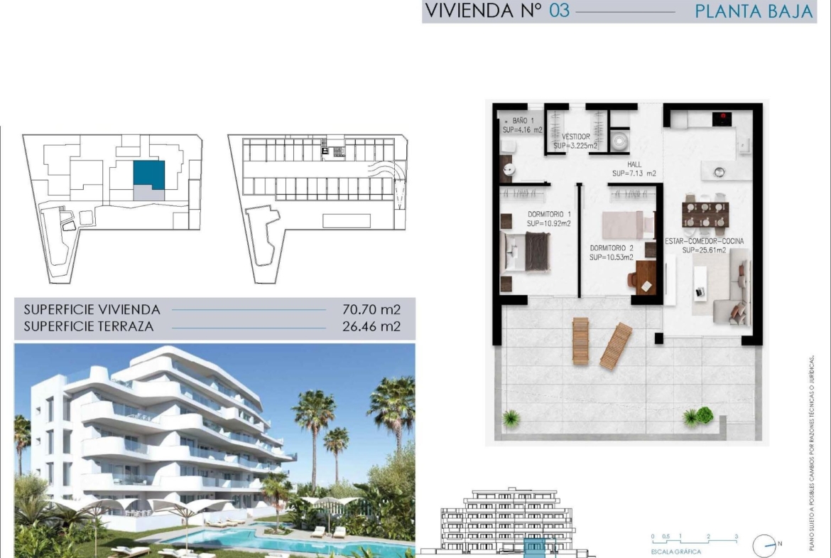 Bright, modern 2-bedroom ground floor tourist apartment floor plan with spacious terrace in exclusive Mil Palmeras community near the sea.