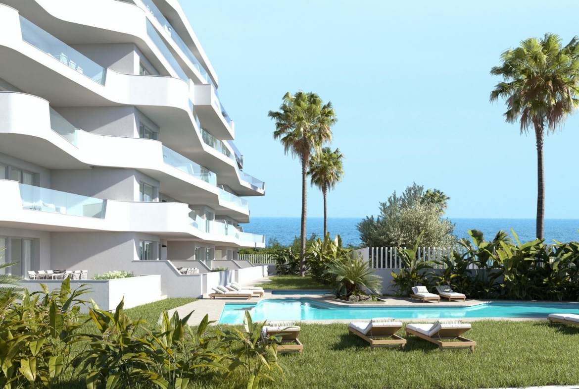 Modern luxury 2-bedroom penthouse in Mil Palmeras featuring a spacious pool area and panoramic sea views just 200m from the beach.