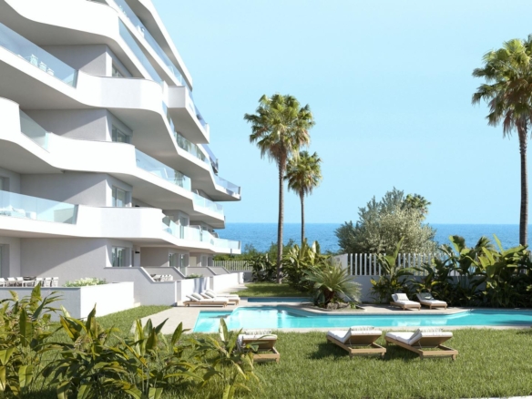 Modern luxury 2-bedroom ground floor apartment in Mil Palmeras with sun-drenched terrace, landscaped pool, and serene sea views 200m away.