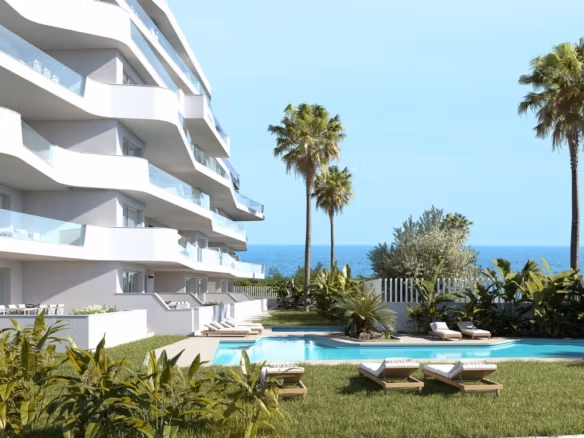 Modern luxury 2-bedroom ground floor apartment in Mil Palmeras with sun-drenched terrace, landscaped pool, and serene sea views 200m away.