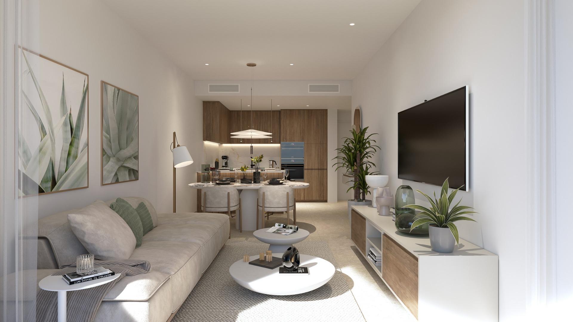 Bright modern living room with elegant open-plan kitchen in stylish 2-bedroom tourist apartment in Mil Palmeras near the sea