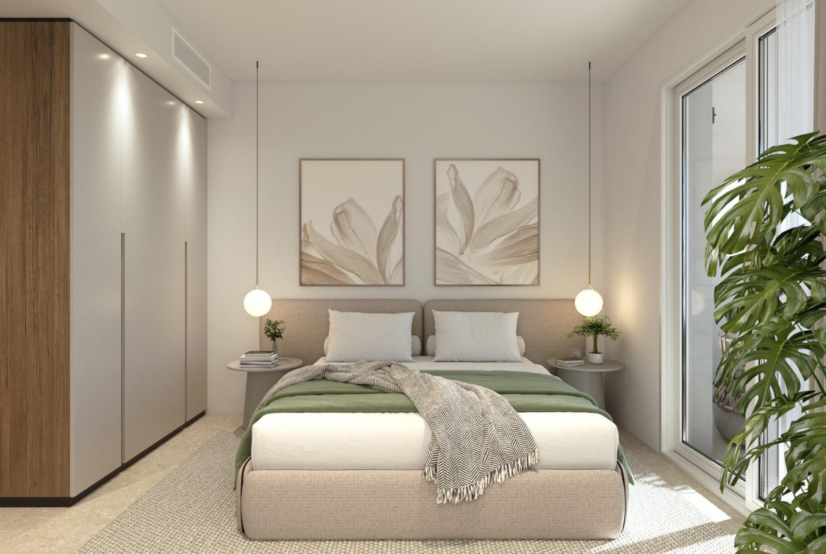 Bright, elegant 2-bedroom ground floor bedroom with soft natural light, modern decor, and balcony in Mil Palmeras tourist apartment.