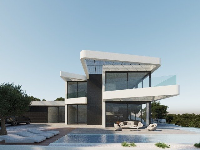 LUXURY-NEW-BUILD-VILLA-IN-ALTEA-1 Stunning modern luxury new build villa in Altea with expansive glass balconies, sleek pool, and spacious sun-drenched terrace.