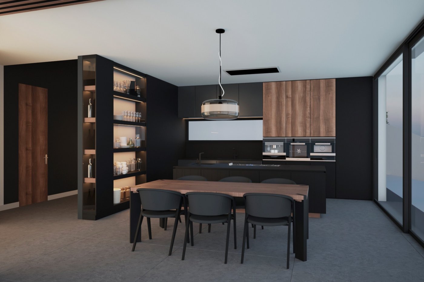 LUXURY-NEW-BUILD-VILLA-IN-ALTEA-11 Sleek modern kitchen and dining area with dark cabinetry and wood accents in luxury new build villa in Altea
