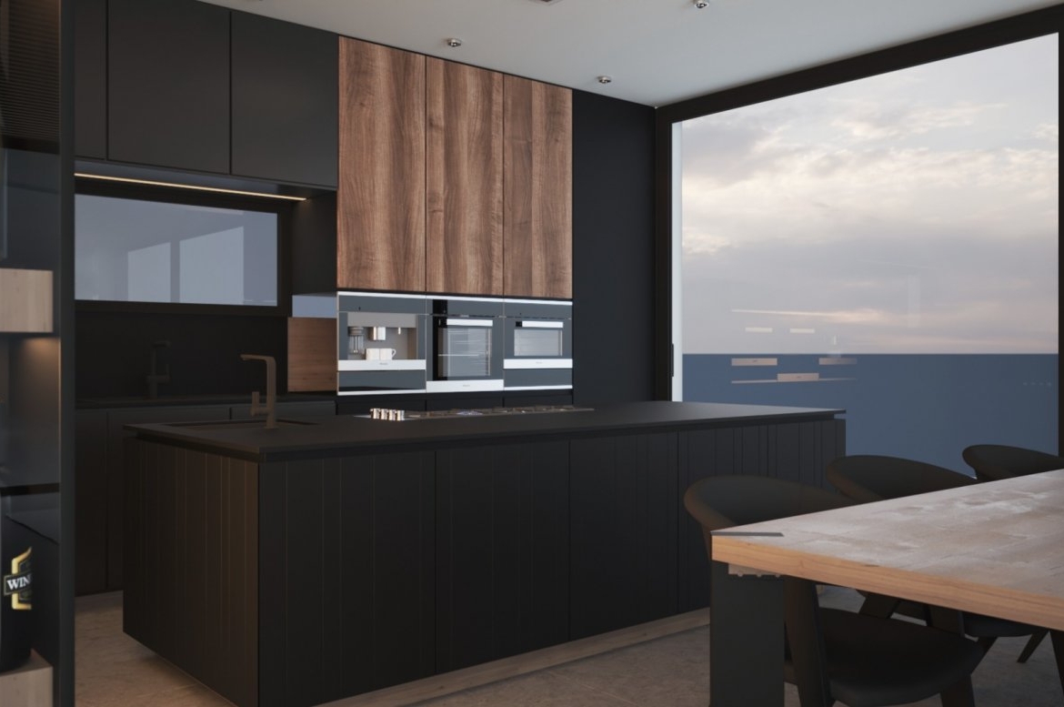 LUXURY-NEW-BUILD-VILLA-IN-ALTEA-12 Sleek modern kitchen with dark cabinetry and wood accents in luxury new build villa in Altea with panoramic sea views.