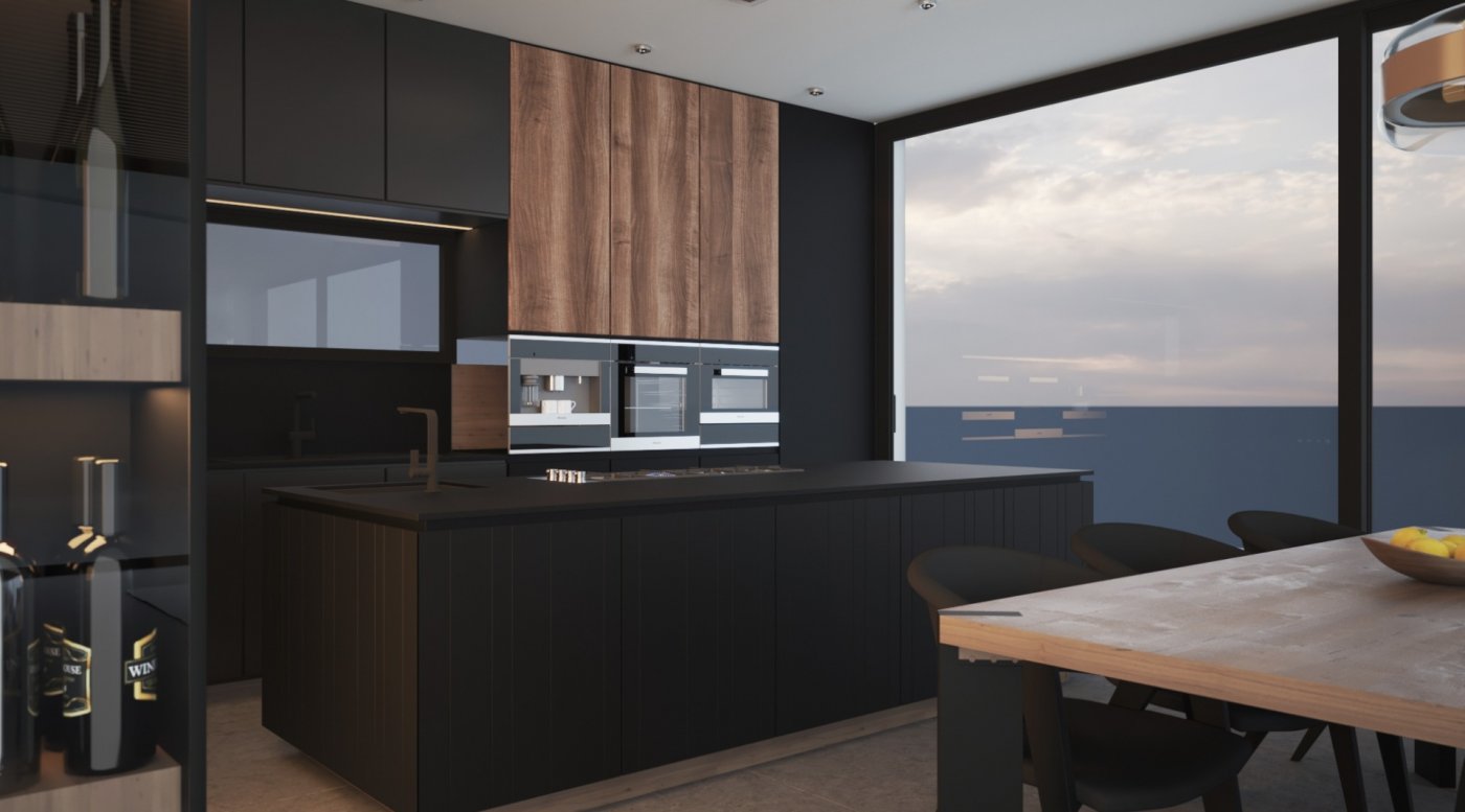 LUXURY-NEW-BUILD-VILLA-IN-ALTEA-12 Sleek modern kitchen with dark cabinetry and wood accents in luxury new build villa in Altea with panoramic sea views.