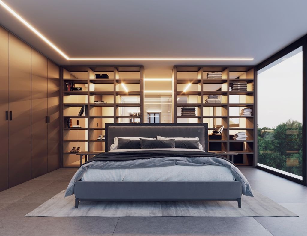 LUXURY-NEW-BUILD-VILLA-IN-ALTEA-15 Spacious modern bedroom with floor-to-ceiling windows and elegant shelving in luxury new build villa in Altea