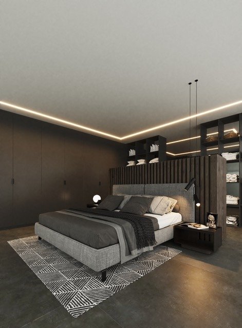 LUXURY-NEW-BUILD-VILLA-IN-ALTEA-16 Elegant modern bedroom with ambient lighting and built-in storage in luxury new build villa in Altea