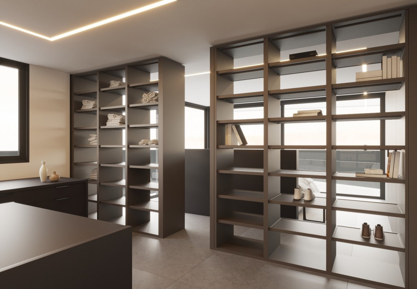 LUXURY-NEW-BUILD-VILLA-IN-ALTEA-20 Spacious modern walk-in closet with sleek shelving and natural light in luxury new build villa in Altea