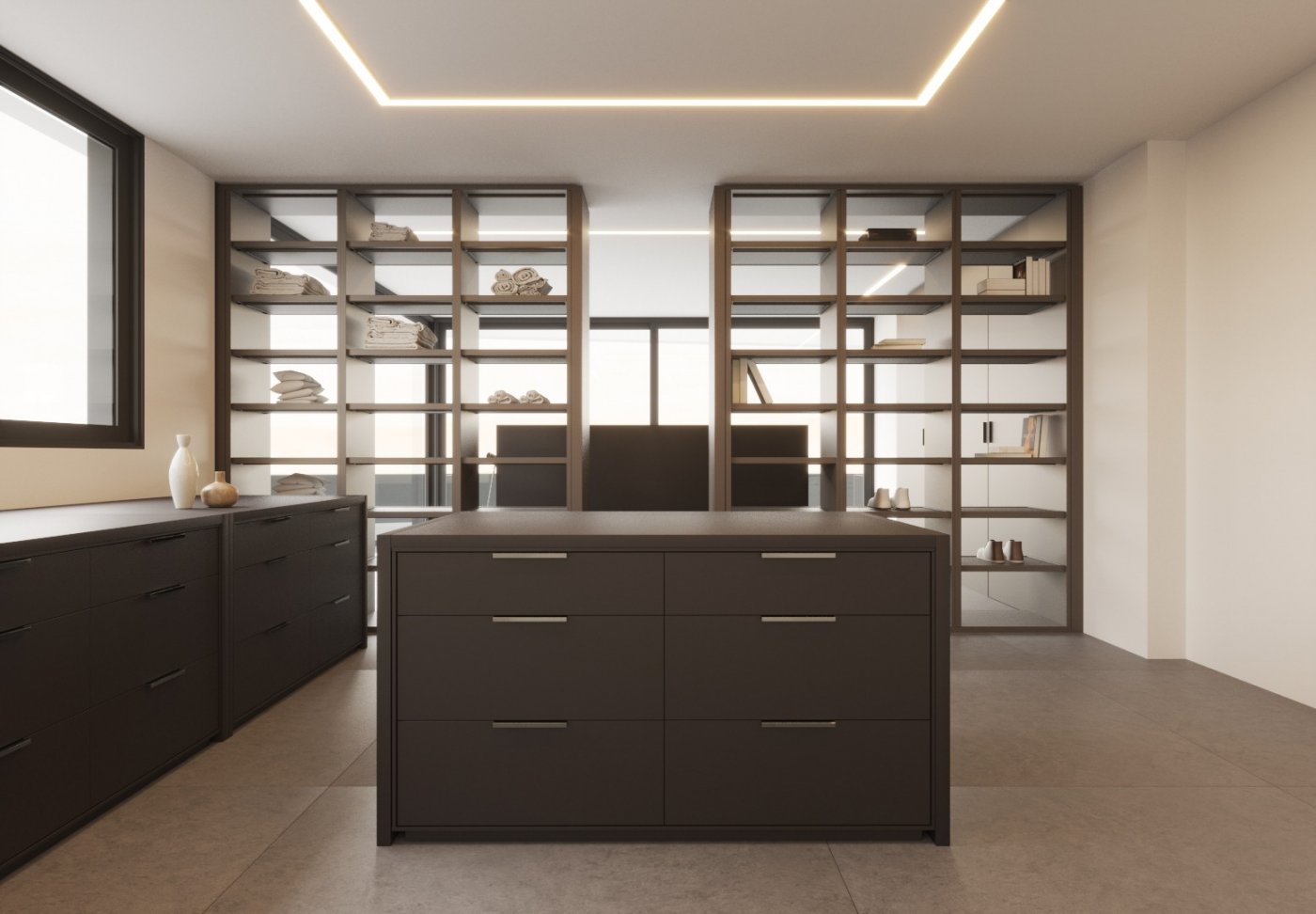 LUXURY-NEW-BUILD-VILLA-IN-ALTEA-21 Spacious modern walk-in closet with sleek dark cabinetry and glass shelving in luxury new build villa in Altea