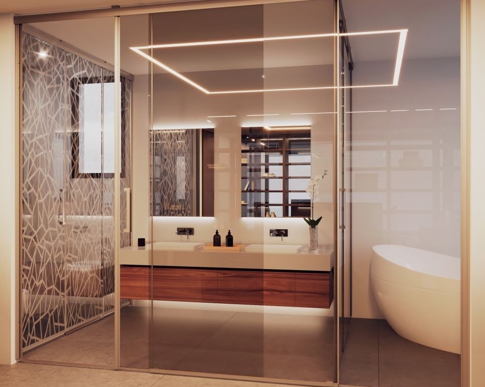 LUXURY-NEW-BUILD-VILLA-IN-ALTEA-22 Modern luxury bathroom with sleek floating vanity, elegant freestanding tub, and ambient lighting in new build villa in Altea.