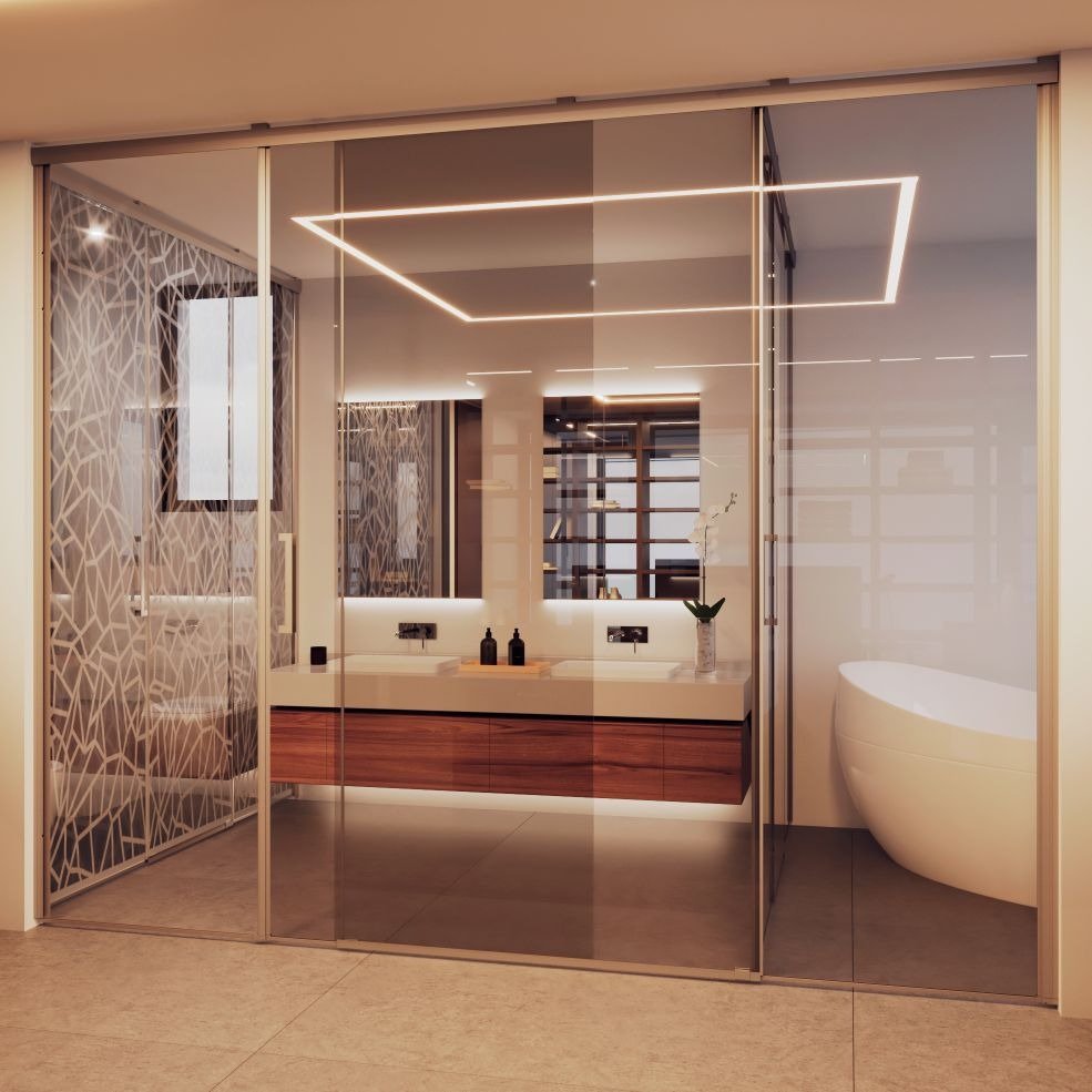 LUXURY-NEW-BUILD-VILLA-IN-ALTEA-22 Modern luxury bathroom with sleek floating vanity, elegant freestanding tub, and ambient lighting in new build villa in Altea.