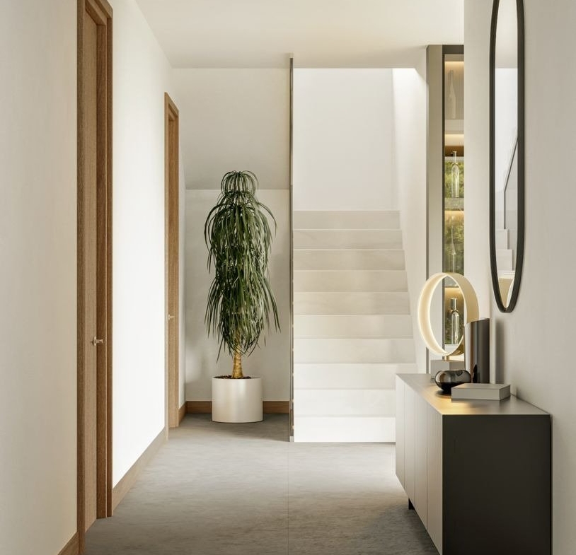 LUXURY-NEW-BUILD-VILLA-IN-ALTEA-23 Bright, elegant hallway with modern staircase and minimalist decor in luxury new build villa in Altea