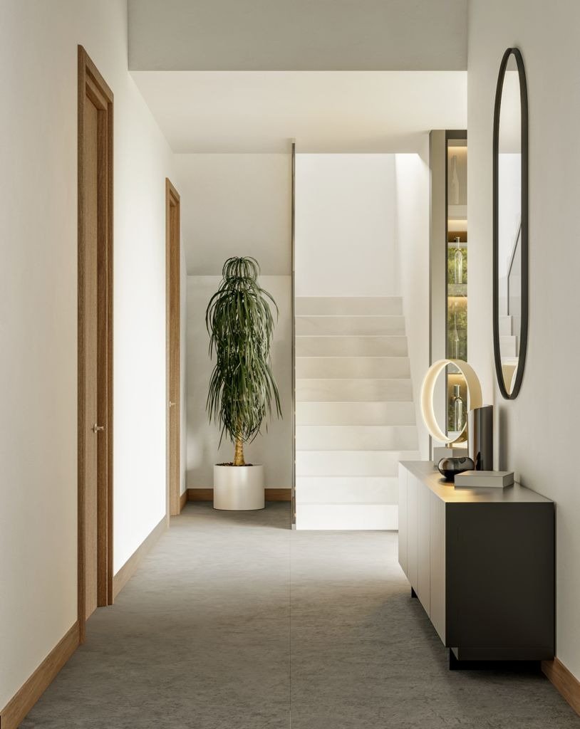 LUXURY-NEW-BUILD-VILLA-IN-ALTEA-23 Bright, elegant hallway with modern staircase and minimalist decor in luxury new build villa in Altea