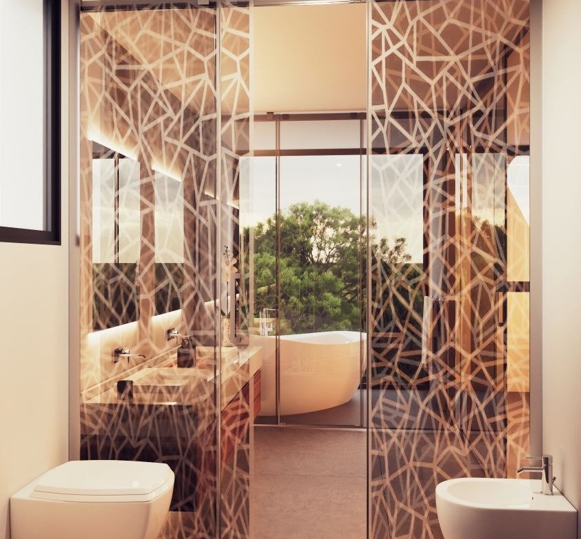 LUXURY-NEW-BUILD-VILLA-IN-ALTEA-24 Elegant bathroom with patterned glass doors and freestanding tub in luxury new build villa in Altea