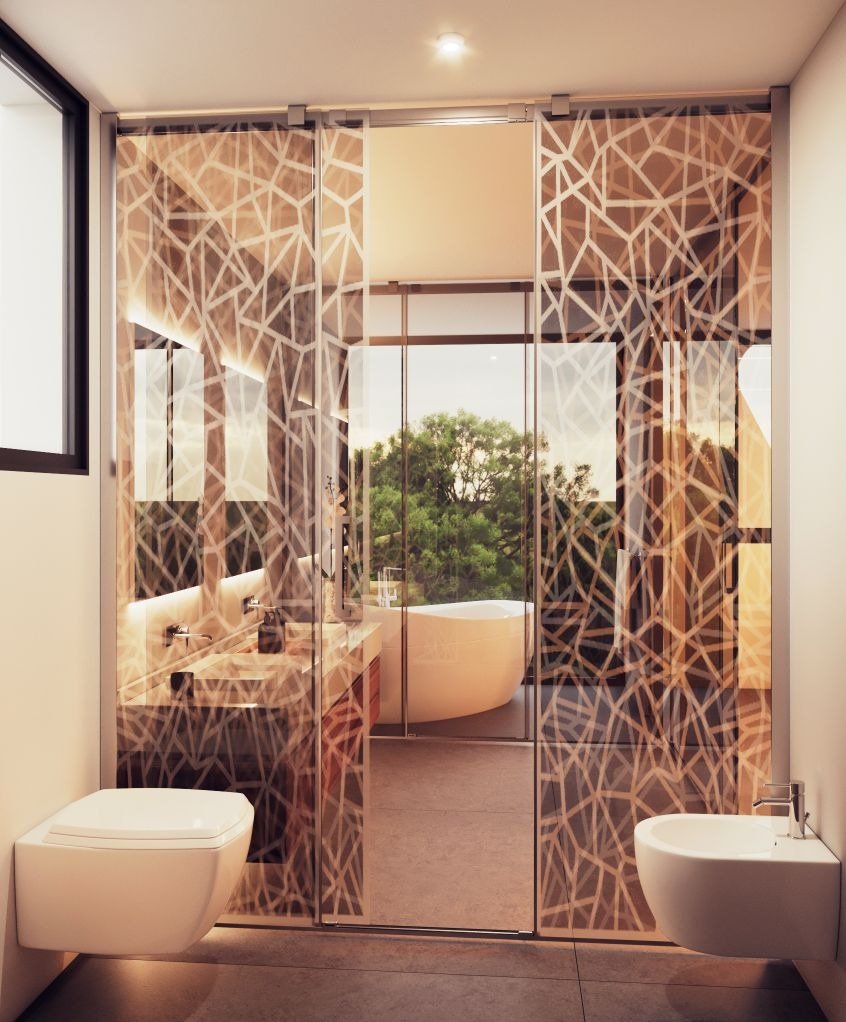 LUXURY-NEW-BUILD-VILLA-IN-ALTEA-24 Elegant bathroom with patterned glass doors and freestanding tub in luxury new build villa in Altea