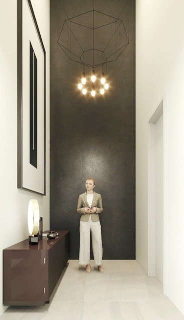 LUXURY-NEW-BUILD-VILLA-IN-ALTEA-26 Elegant double-height entrance hallway with modern chandelier and sleek console in luxury new build villa in Altea