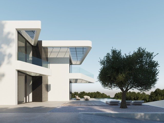 LUXURY-NEW-BUILD-VILLA-IN-ALTEA-27 Modern luxury new build villa in Altea with sleek white exterior, spacious terrace, and tranquil landscaped surroundings.