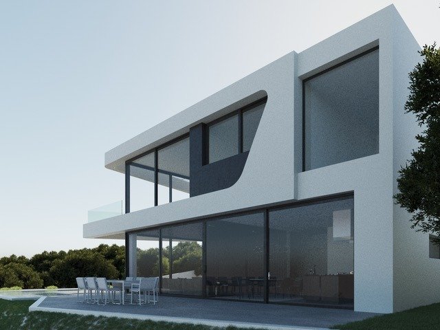 LUXURY-NEW-BUILD-VILLA-IN-ALTEA-29 Modern luxury new build villa in Altea with sleek glass walls and spacious outdoor terrace overlooking lush greenery.