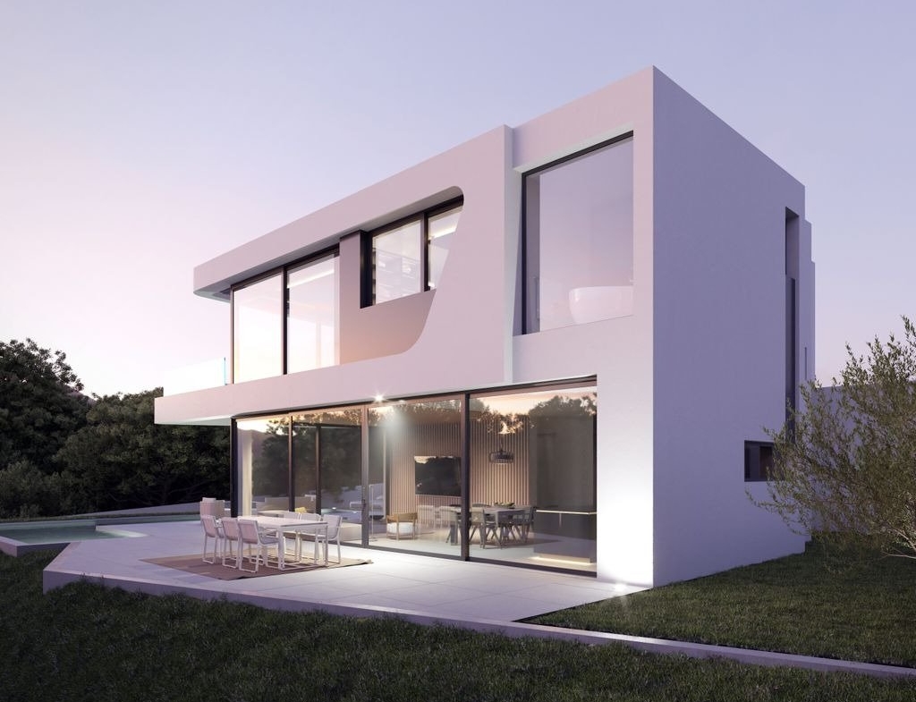 LUXURY-NEW-BUILD-VILLA-IN-ALTEA-31 Modern luxury new build villa in Altea with spacious terrace, floor-to-ceiling windows, and sleek white exterior at dusk