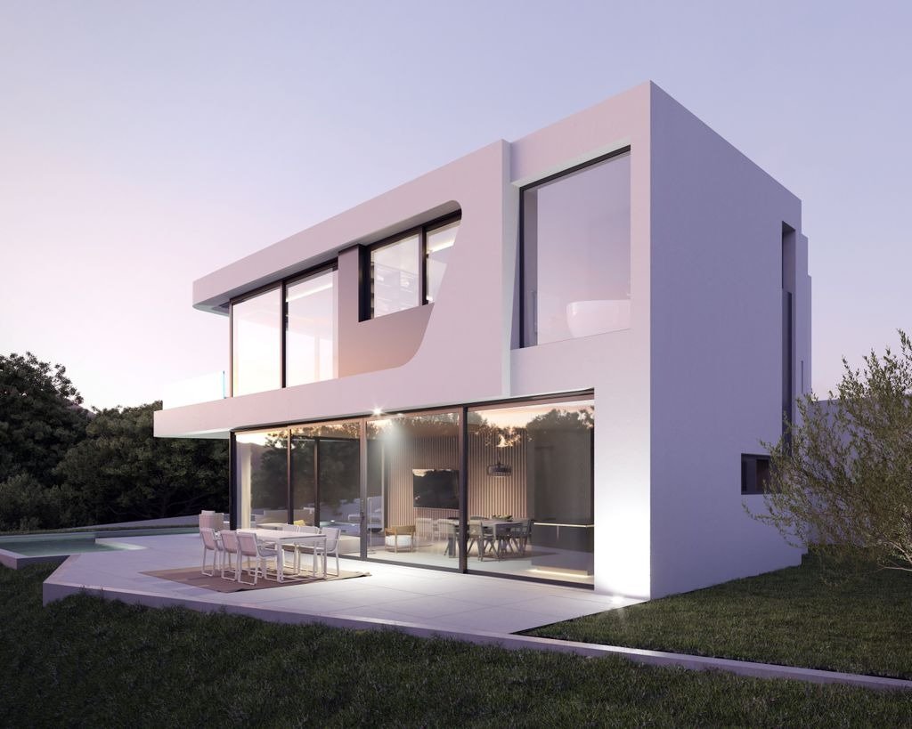LUXURY-NEW-BUILD-VILLA-IN-ALTEA-31 Modern luxury new build villa in Altea with spacious terrace, floor-to-ceiling windows, and sleek white exterior at dusk