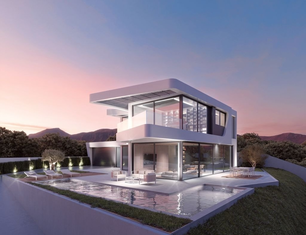 LUXURY-NEW-BUILD-VILLA-IN-ALTEA-32 Modern luxury new build villa in Altea with sleek glass walls, elegant outdoor seating, and a tranquil infinity pool at sunset.