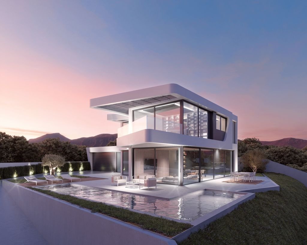 LUXURY-NEW-BUILD-VILLA-IN-ALTEA-32 Modern luxury new build villa in Altea with sleek glass walls, elegant outdoor seating, and a tranquil infinity pool at sunset.