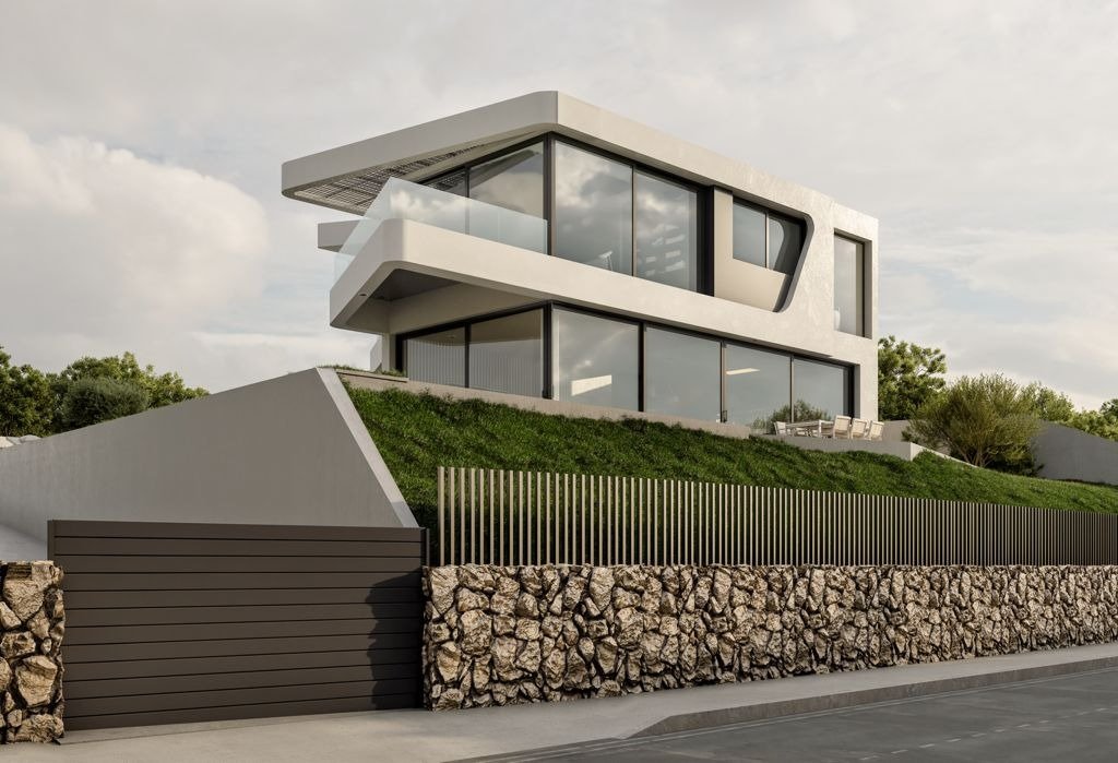LUXURY-NEW-BUILD-VILLA-IN-ALTEA-34 Sleek modern luxury new build villa in Altea with expansive glass windows, minimalist terraces, and lush landscaped surroundings