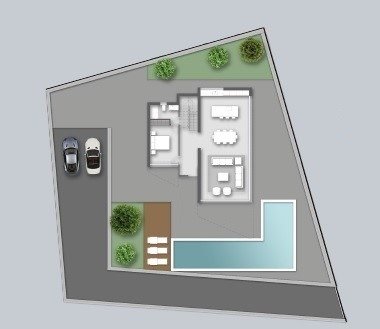 LUXURY-NEW-BUILD-VILLA-IN-ALTEA-35 Modern new build villa floor plan in Altea featuring spacious open-plan living, elegant pool, terrace, and landscaped garden areas.