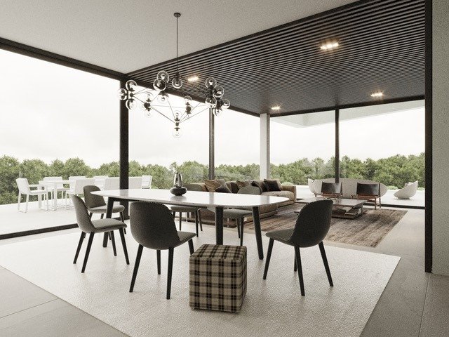 LUXURY-NEW-BUILD-VILLA-IN-ALTEA-4 Spacious open-plan dining and lounge area with modern chandelier and panoramic views in luxury new build villa in Altea