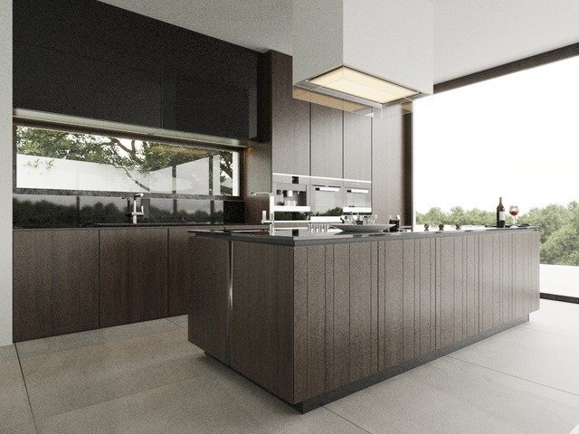 LUXURY-NEW-BUILD-VILLA-IN-ALTEA-5 Sleek modern kitchen with dark wood cabinetry and panoramic window in luxury new build villa in Altea.