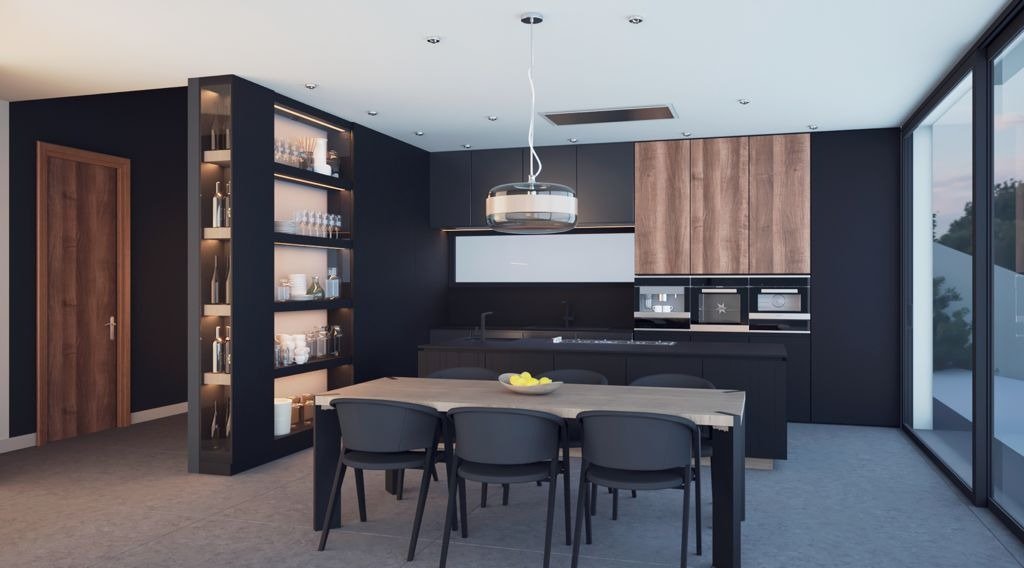 LUXURY-NEW-BUILD-VILLA-IN-ALTEA-6 Modern sunlit kitchen with sleek black cabinetry, wood accents, and glass doors in luxury new build villa in Altea
