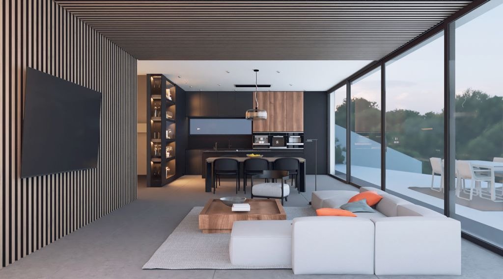 LUXURY-NEW-BUILD-VILLA-IN-ALTEA-8 Modern open-plan living area and kitchen with floor-to-ceiling windows and sleek design in luxury new build villa in Altea