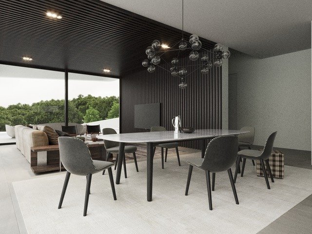LUXURY-NEW-BUILD-VILLA-IN-ALTEA-9 Spacious modern dining and lounge area with sleek black accents in luxury new build villa in Altea