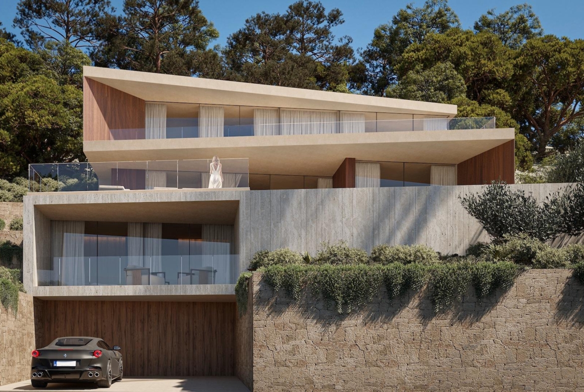 Modern architectural 4-bedroom villa with layered terraces and panoramic sea views, nestled in lush greenery in Benissa.