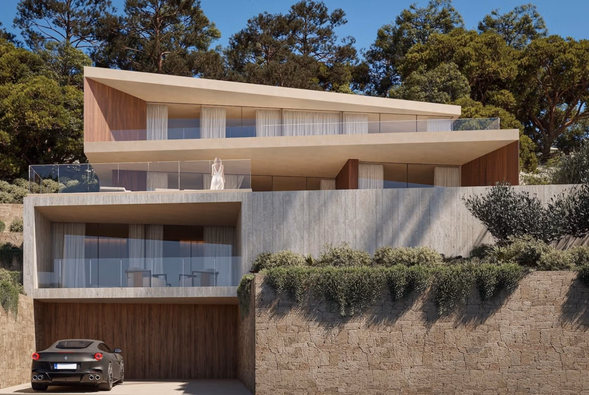 Modern architectural 4-bedroom villa with layered terraces and panoramic sea views, nestled in lush greenery in Benissa.