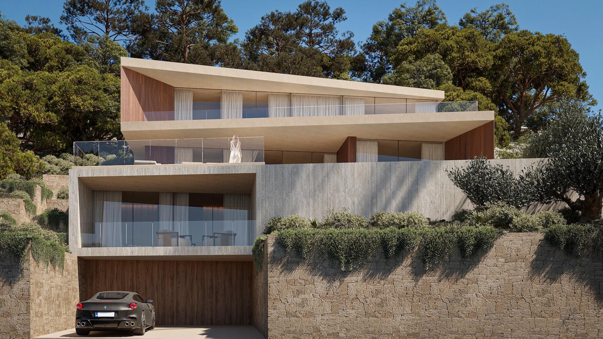 Modern architectural 4-bedroom villa with layered terraces and panoramic sea views, nestled in lush greenery in Benissa.