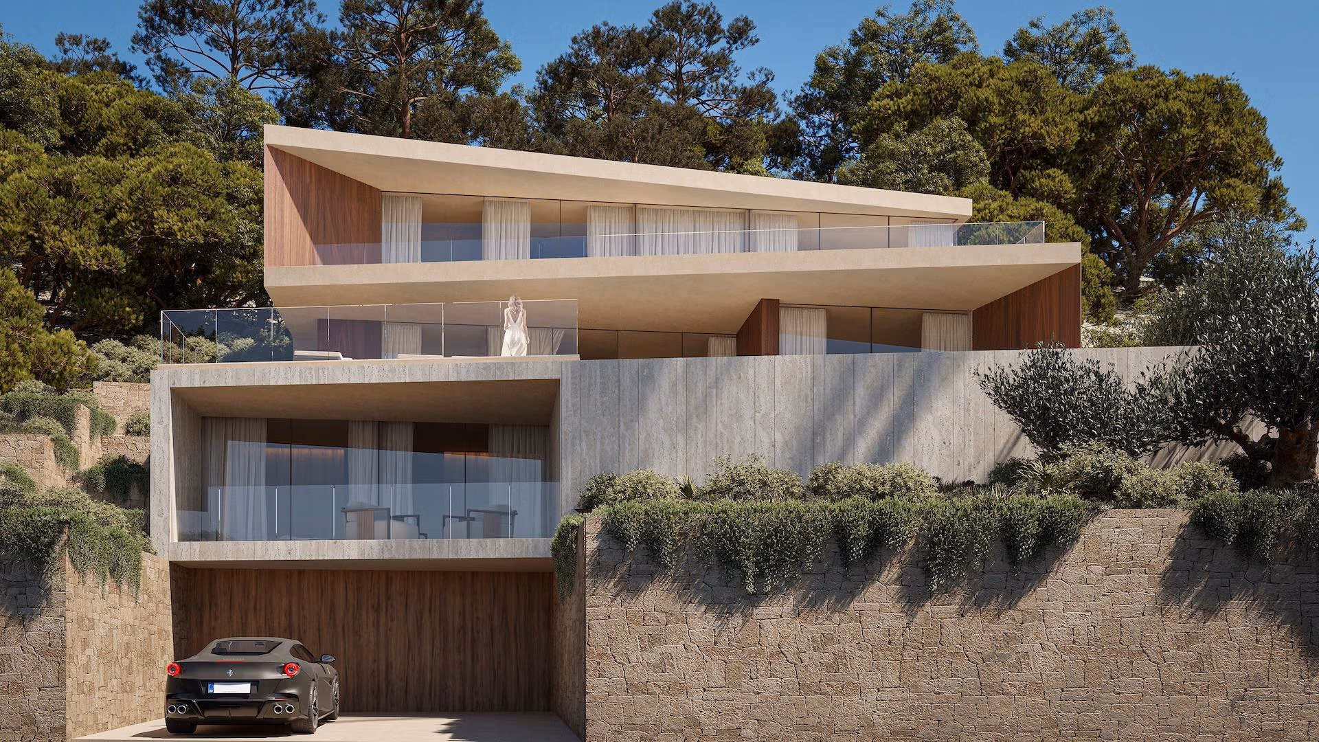 Modern architectural 4-bedroom villa with layered terraces and panoramic sea views, nestled in lush greenery in Benissa.