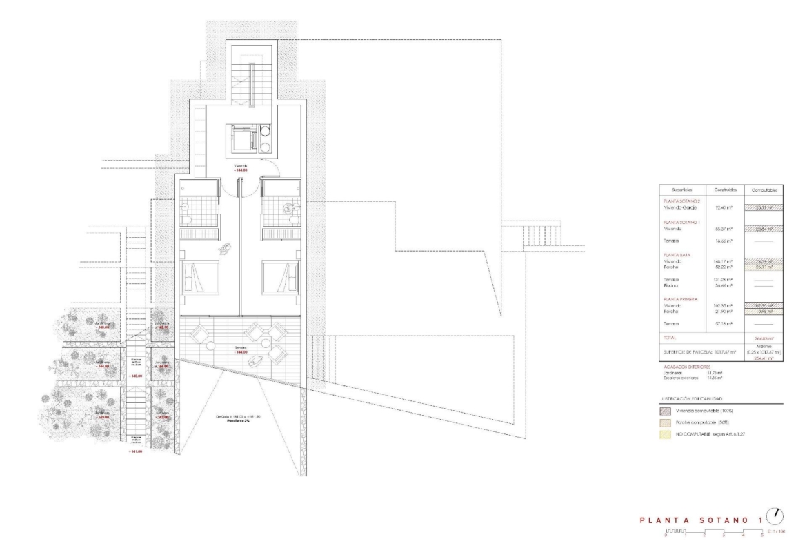 Detailed architectural floor plan of spacious 4-bedroom luxury villa basement in Benissa with modern layout and landscaped outdoor area.