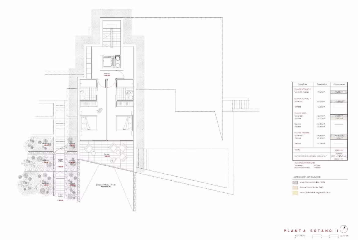 Detailed architectural floor plan of spacious 4-bedroom luxury villa basement in Benissa with modern layout and landscaped outdoor area.