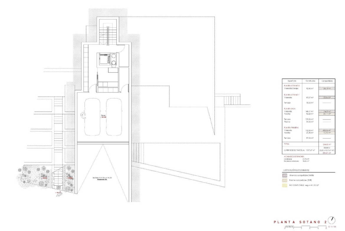 Detailed architectural floor plan of a modern 4-bedroom villa basement with garage in Benissa luxury sea-view property.