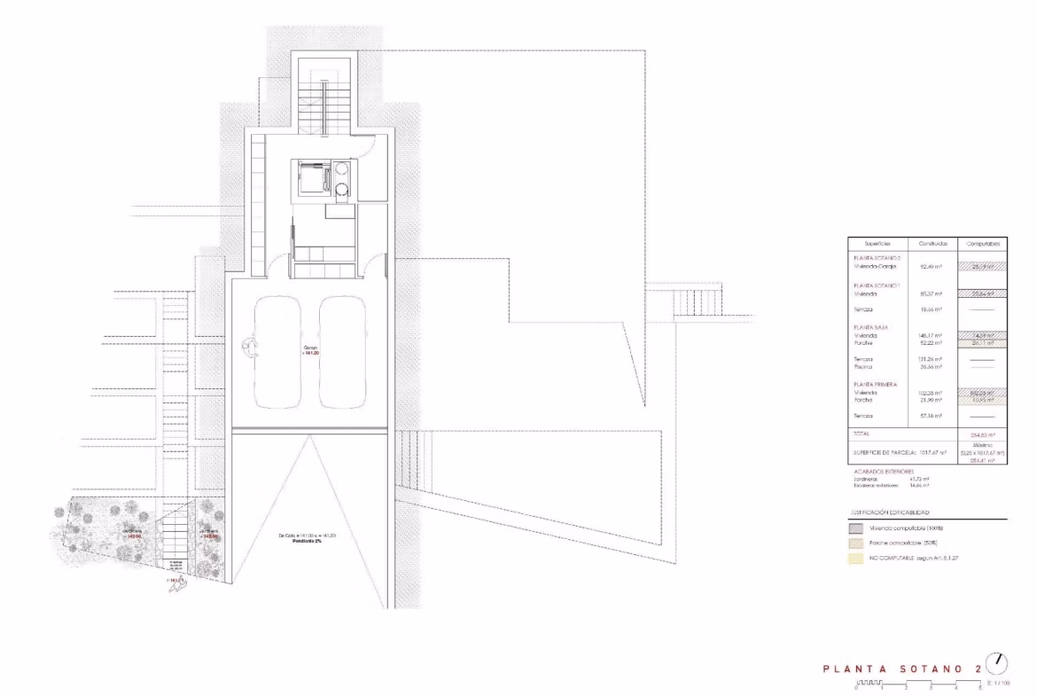 Detailed architectural floor plan of a modern 4-bedroom villa basement with garage in Benissa luxury sea-view property.