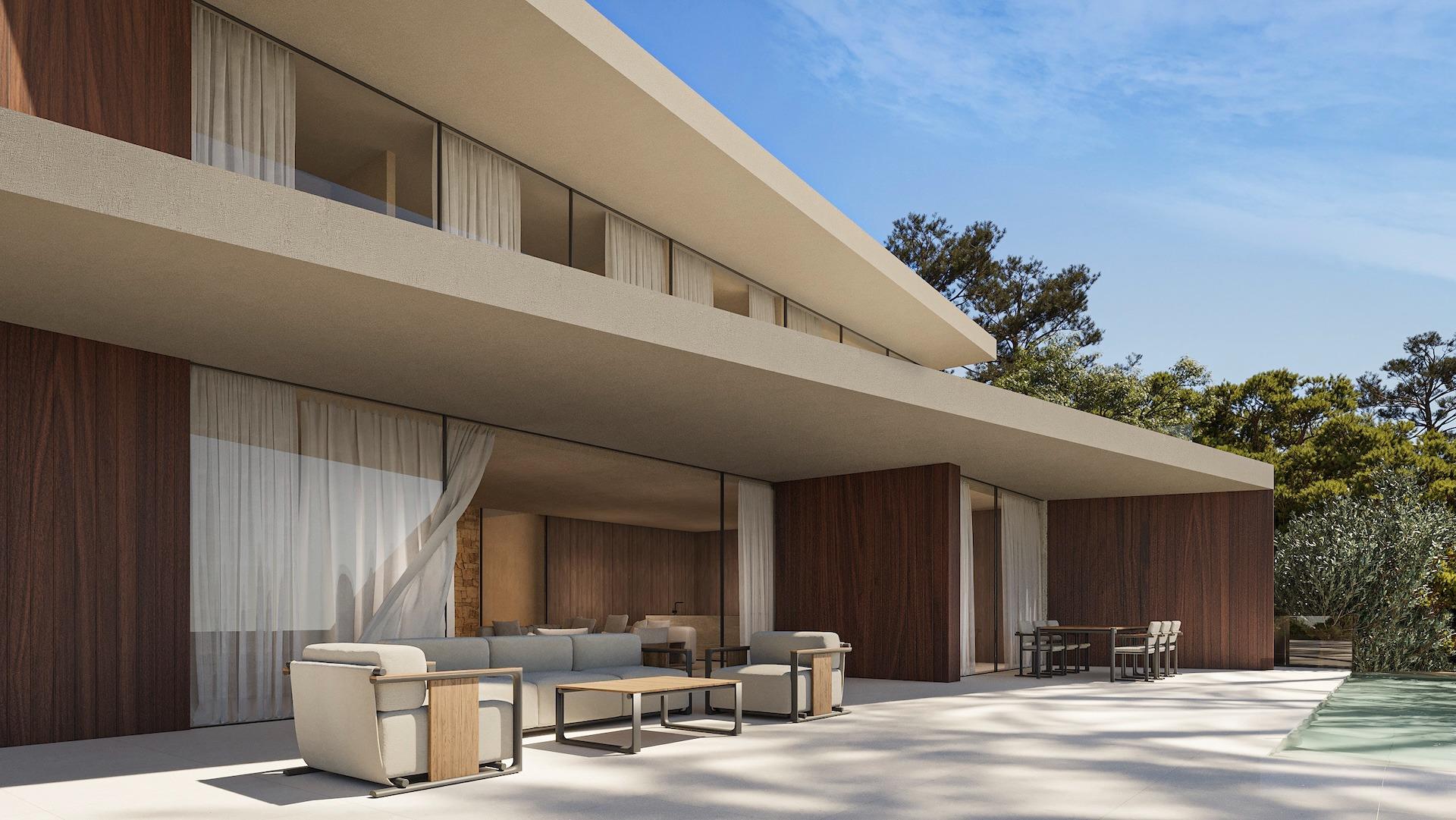Modern architectural 4-bedroom villa exterior in Benissa showcasing spacious terraces with elegant outdoor seating and natural wood accents.