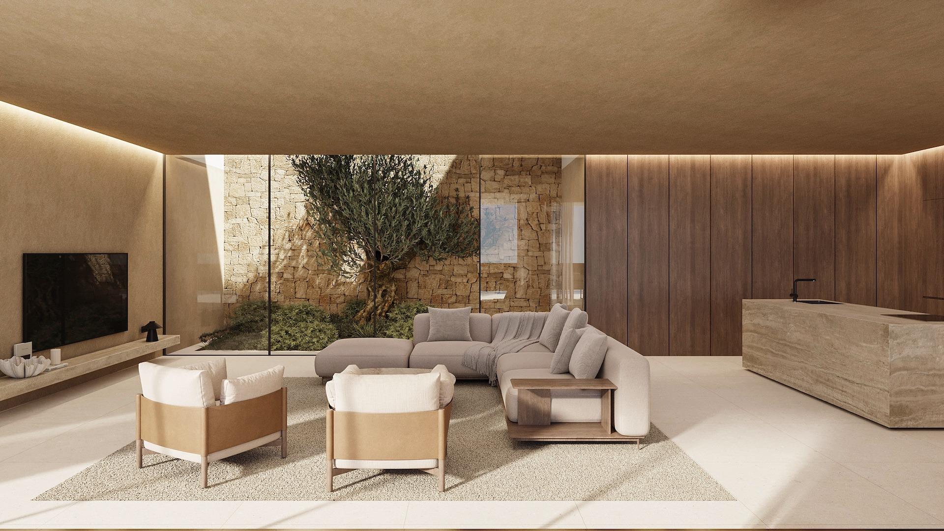 Elegant sunlit living room with modern furnishings and indoor garden in a luxury 4 bedroom villa in Benissa.